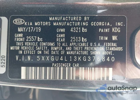 2019 Kia Optima Ex z USA, uszkodzony, nr VIN 5XXGU4L13KG376840